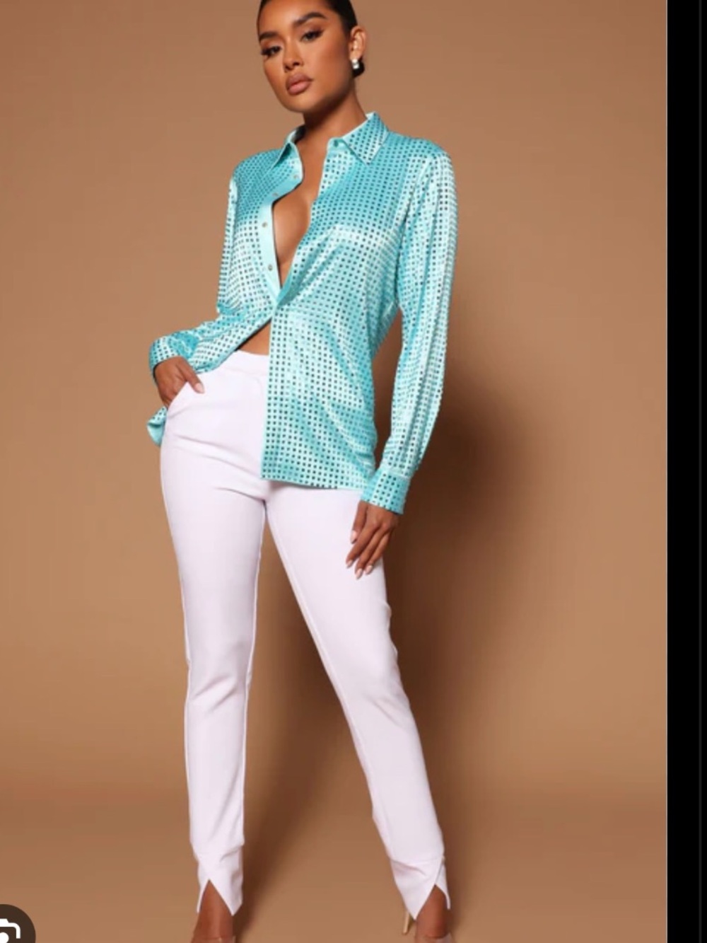 Fashion Nova Satin Button-Up Shirt - Aqua Blue